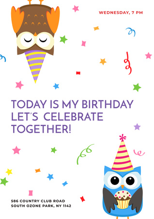Birthday party Invitation with cute Owls Poster Design Template