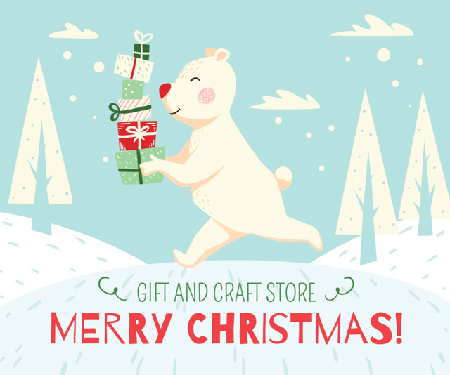 Christmas Sale at Craft Gift Shop with Cartoon Polar Bear Medium Rectangle Πρότυπο σχεδίασης