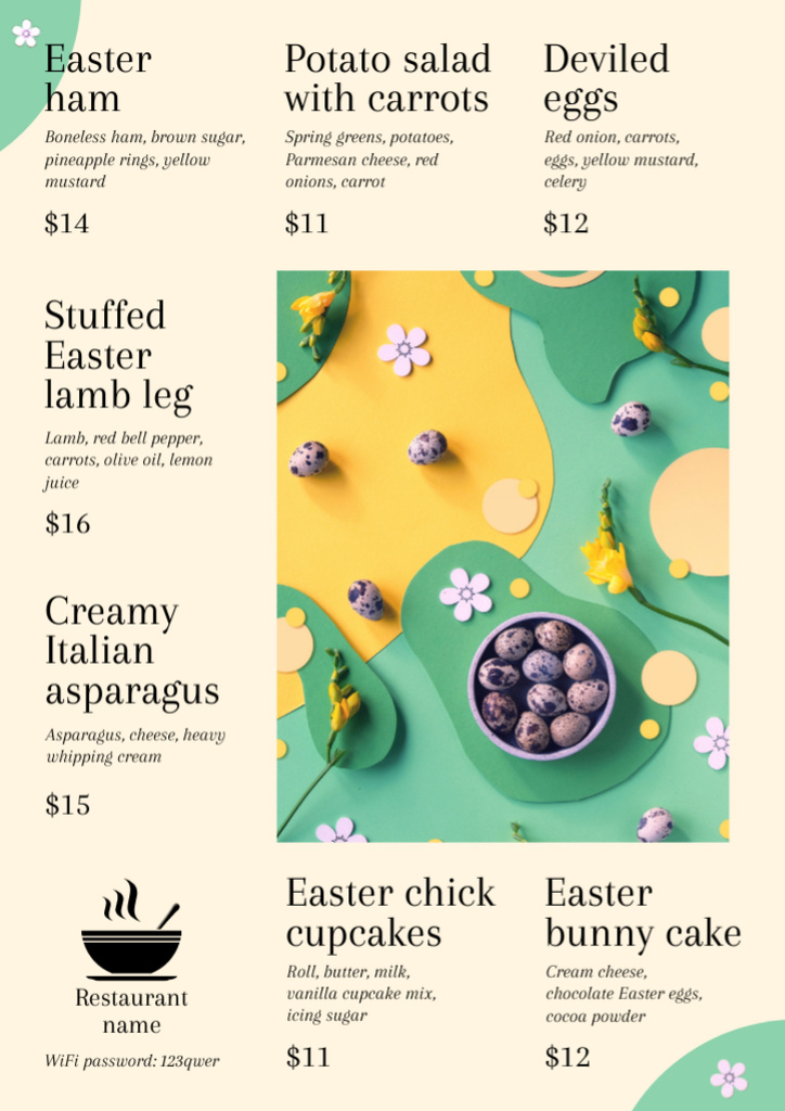 Plantilla de diseño de Easter Meals Offer with Eggs in Cute Bowl Menu 