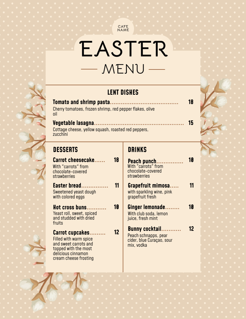 Easter Meals Offer with Spring Pussy Willow Twigs on Beige Menu 8.5x11in – шаблон для дизайна
