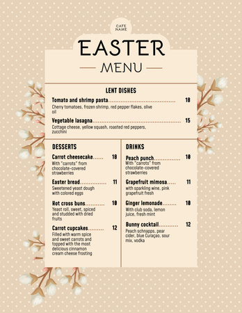 Easter Meals Offer with Spring Pussy Willow Twigs on Beige Menu 8.5x11in Design Template