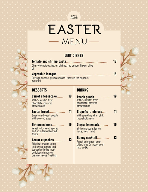 Szablon projektu Easter Meals Offer with Spring Pussy Willow Twigs on Beige Menu 8.5x11in