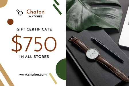 Accessories Store Offer with Watch and Notebook Gift Certificate Design Template