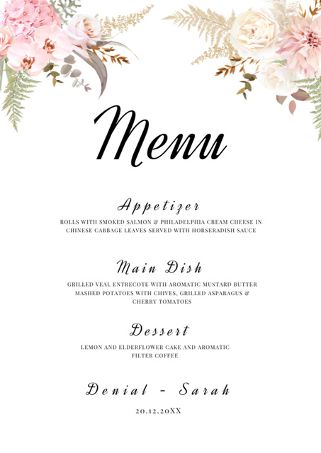 Designvorlage Wedding Meal list with leaf für Menu