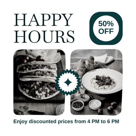 РAd of Happy Hours in Restaurant with Delicious Tacos Instagram Design Template