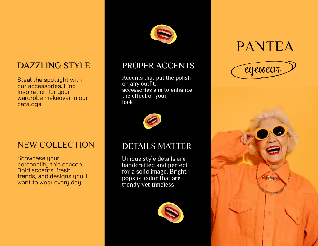 Plantilla de diseño de Old Woman in Stylish Orange Outfit and Sunglasses Brochure 8.5x11in Z-fold 