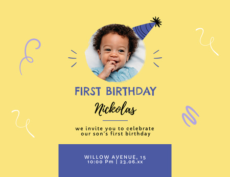 a kisfiú ünnepség bejelentésének első születésnapja Invitation 13.9x10.7cm Horizontal tervezősablon