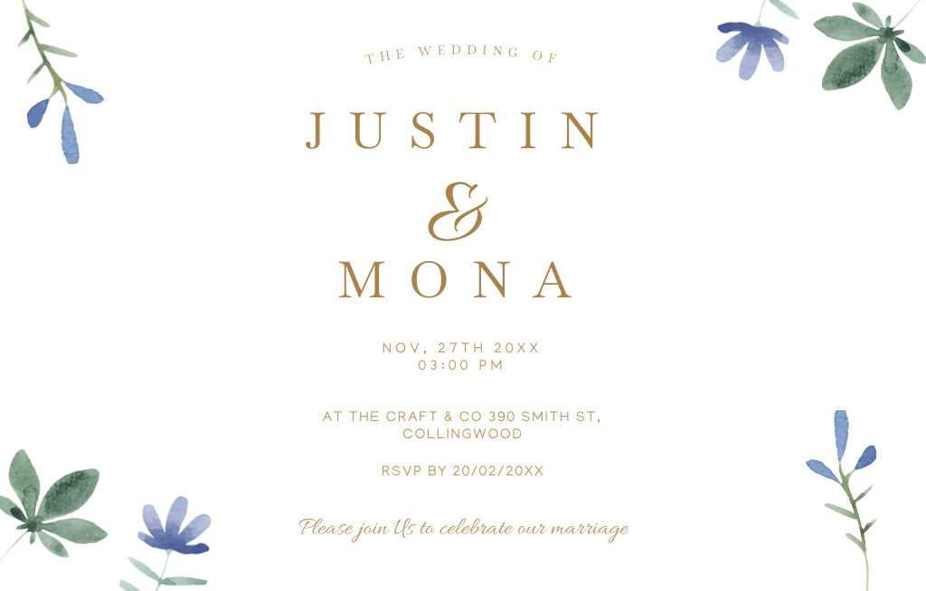 Designvorlage Wedding Celebration Announcement With Tender Blue Flowers für Invitation 4.6x7.2in Horizontal