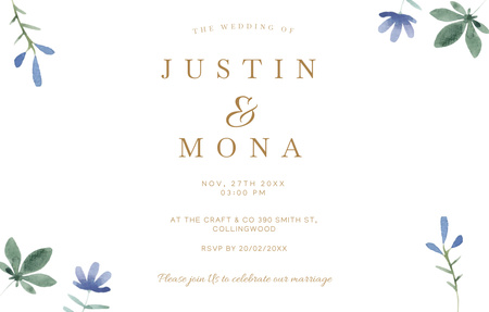 Wedding Celebration Announcement With Tender Blue Flowers Invitation 4.6x7.2in Horizontal tervezősablon