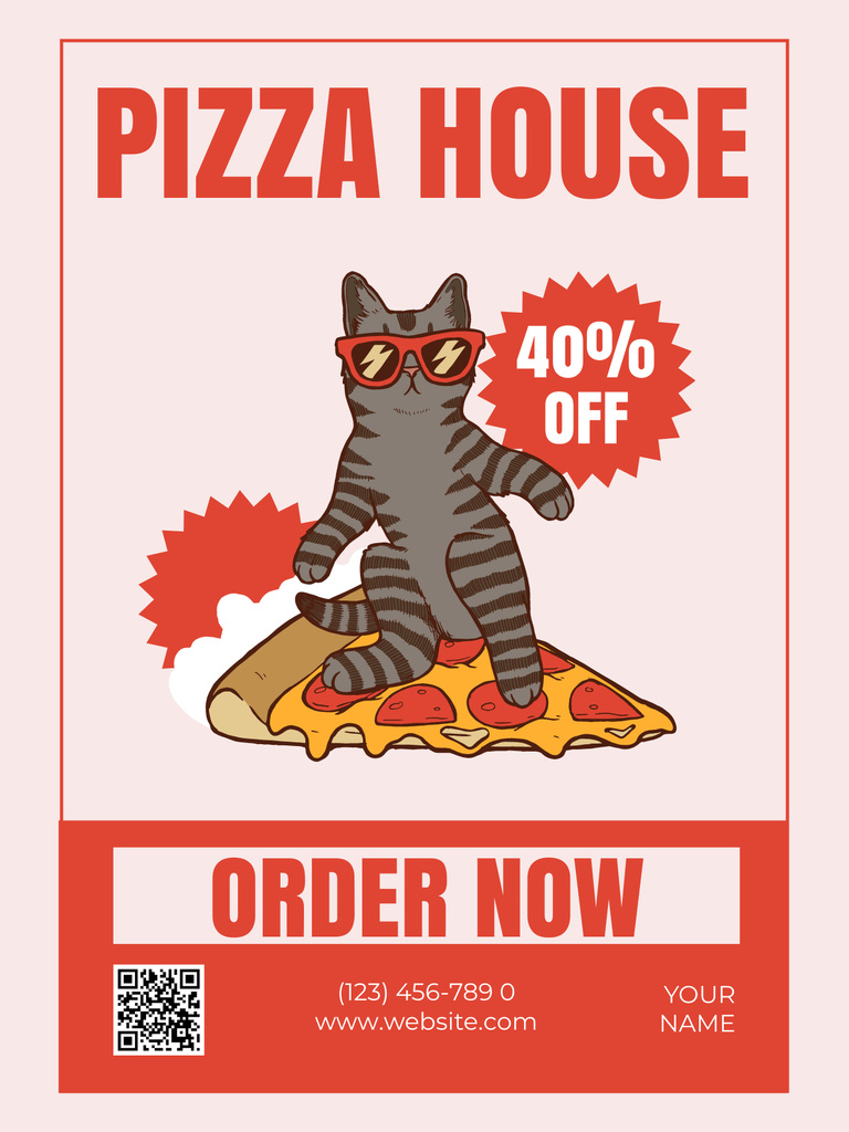 Discount on Ordering Pizza with Cartoon Cat Poster USデザインテンプレート