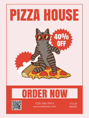 Plantilla de diseño de Descuento en pedir pizza con gato de dibujos animados Poster US 