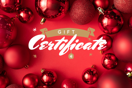 Ontwerpsjabloon van Gift Certificate van Kerstgeschenkaanbieding met glanzende rode kerstballen