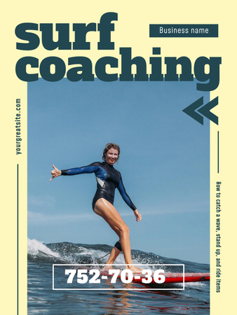 Ontwerpsjabloon van Poster US van Aanbieding van surfcoaching met vrouw op surfplank