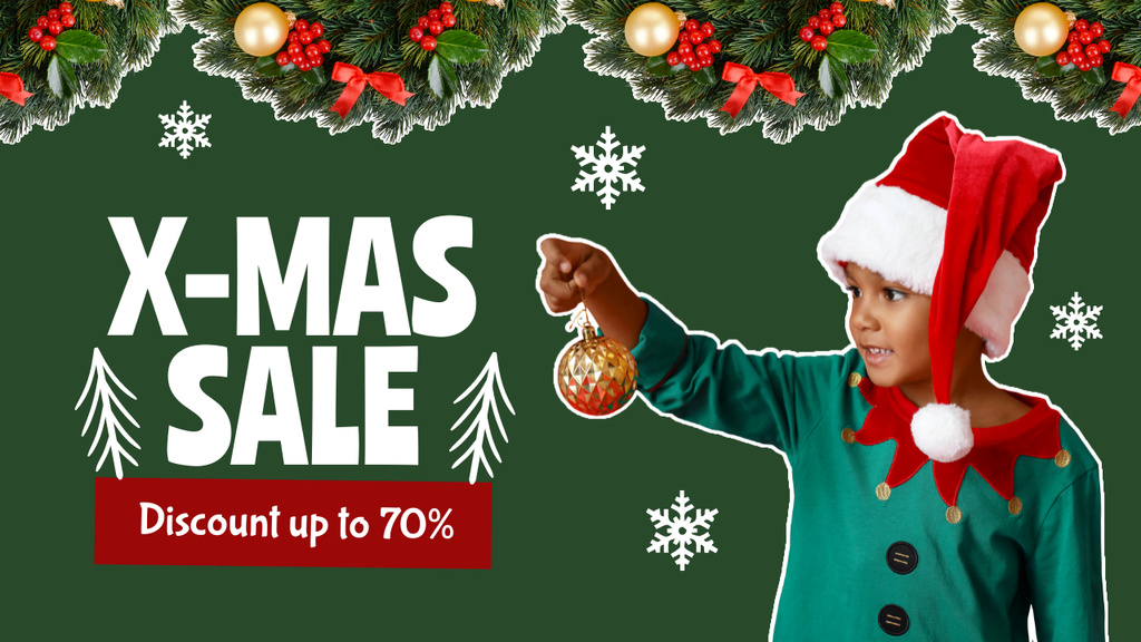 Cute Child for X-mas Sale Green Youtube Thumbnail Design Template