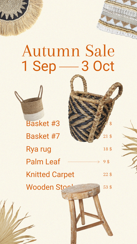 Autumn Sale with Wooden Chairs and Handmade Baskets Instagram Story Modelo de Design