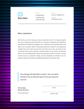 Business Company Changes Notification For Clients Letterhead 8.5x11in Design Template