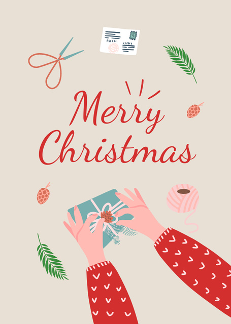 Designvorlage Christmas Greeting with Making Decoration by Hands für Postcard A6 Vertical