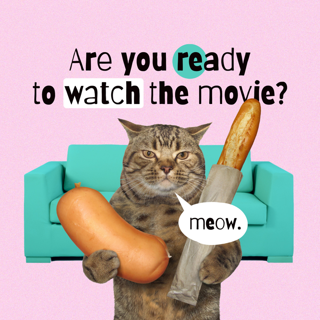 Funny Cat holding Baguette and Huge Sausage Online Instagram Post Template  - VistaCreate