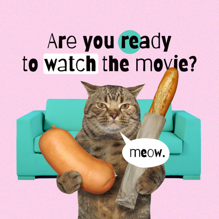 Plantilla de diseño de divertido gato sosteniendo baguette y enorme salchicha Instagram 