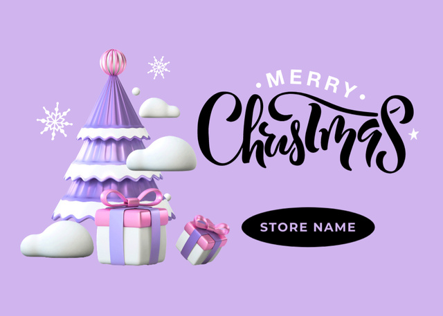Christmas Holiday Cheers with Tree and Presents in Violet Postcard 5x7in – шаблон для дизайна