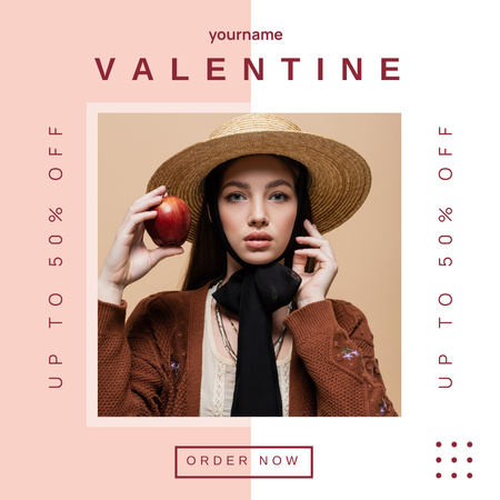Designvorlage Rabattangebot zum Valentinstag mit attraktiver Frau mit Hut für Instagram AD