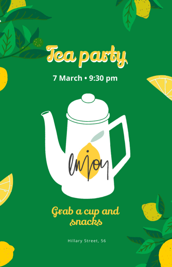 Announcement of Lemon Tea Party With Teapot And Lemons Pattern Invitation 5.5x8.5in Design Template