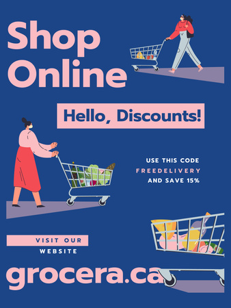 Online Shop Offer Women with groceries in baskets Poster 36x48in Tasarım Şablonu