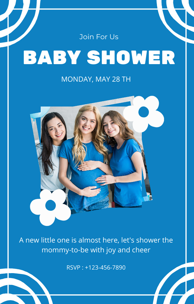 Plantilla de diseño de Baby Shower with Young Pregnant Woman on Blue Invitation 4.6x7.2in 
