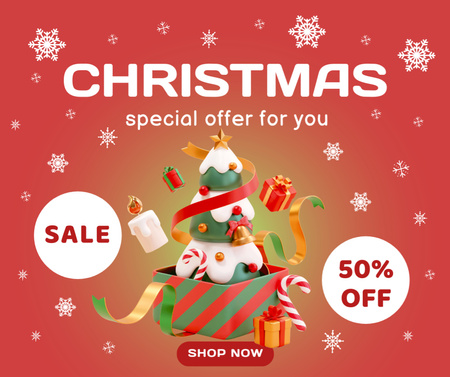 Christmas Tree in Present Box on Holiday Sale Facebook Πρότυπο σχεδίασης