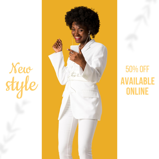 Clothes Shopping Offers with African American Woman in White Suit Instagram Design Template