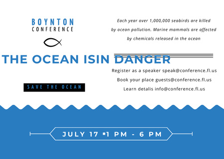 Ecology Conference Invitation with blue Sea Waves Postcard Design Template