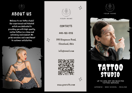 Plantilla de diseño de Estudio de tatuajes profesional con descripción y oferta de descuento Brochure 
