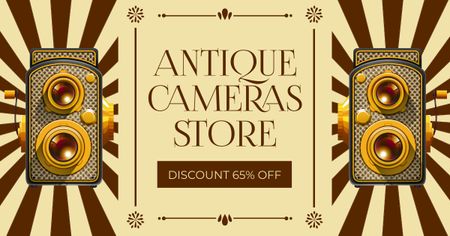 Designvorlage Gealterte Kameras mit Doppelobjektiven und Rabatten im Antiquitätenladen für Facebook AD