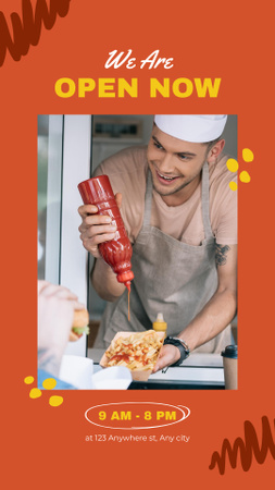 Designvorlage Streetfood-Werbung mit Koch, der Soße hinzufügt für Instagram Story