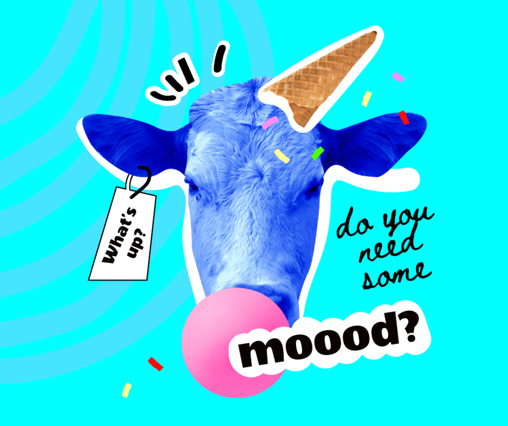 Funny Cow with Ice Cream Waffle Cone Facebook Design Template