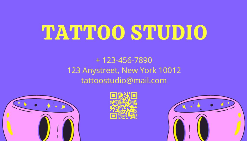 Platilla de diseño Tattoo Studio Services With Cute Skulls on Purple Business Card US