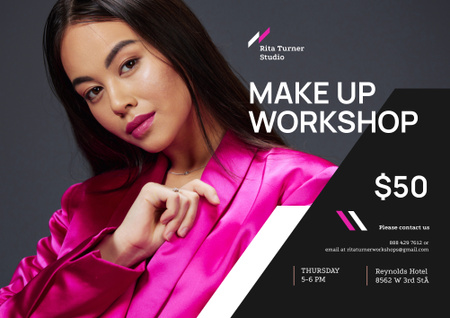 Plantilla de diseño de Makeup Workshop with Young Attractive Woman in Pink Outfit Poster B2 Horizontal 
