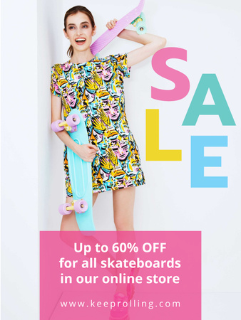 Designvorlage Sports Equipment Ad Girl with Bright Skateboard für Poster US