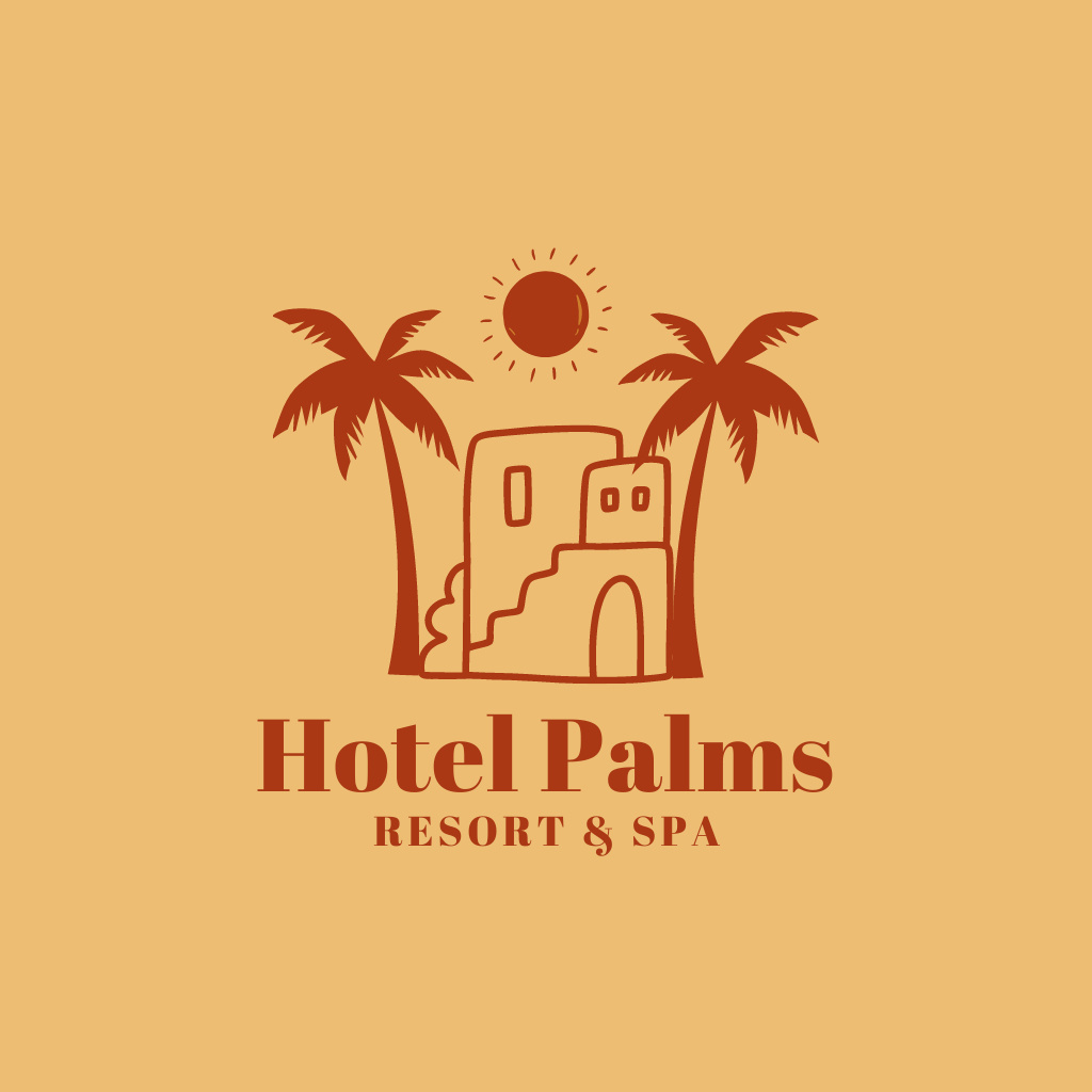 Hotel with Palm Trees Illustration Logo Šablona návrhu