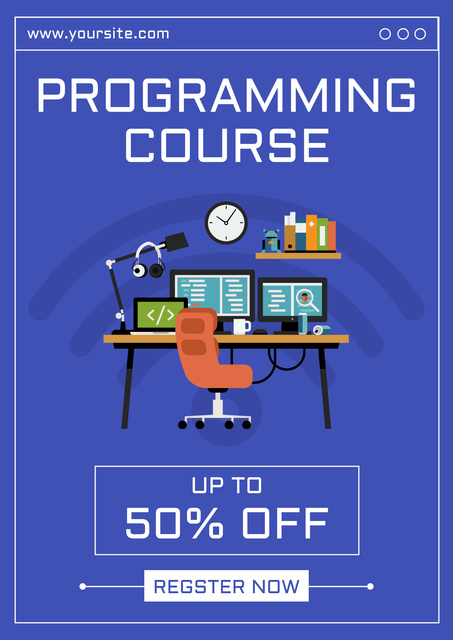 Excellent Programming Course Ad with Illustration of Workplace Poster Modelo de Design