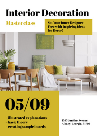 Template di design Interior Decoration Masterclass Ad with Bright Living Room Interior Flayer