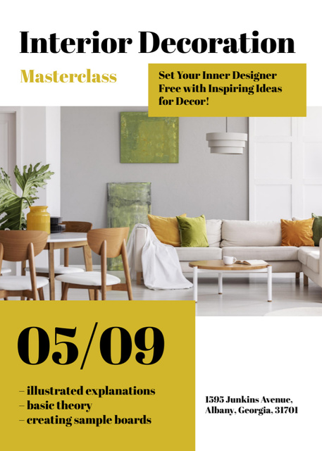 Plantilla de diseño de Interior Decoration Masterclass Ad with Bright Living Room Interior Flayer 