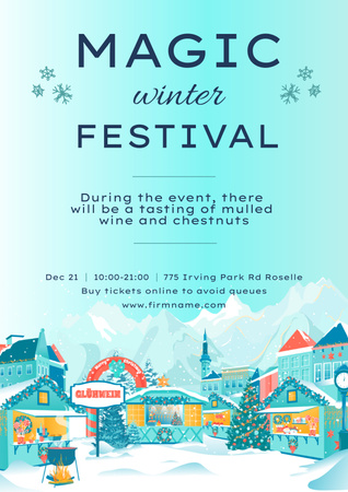 Winter Festival Announcement with Cute Snowy Town Poster Design Template