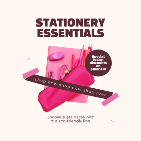Offer of Pink Stationery Essentials in Shop Animated Post Design Template