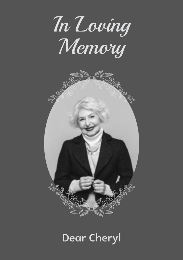 Platilla de diseño Funeral Remembrance Card with Photo and Floral Round Frame Postcard A5 Vertical
