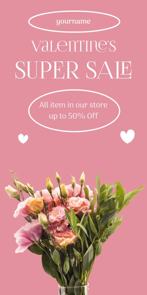Valentine's Day Super Sale Announcement with Bouquet Graphicデザインテンプレート