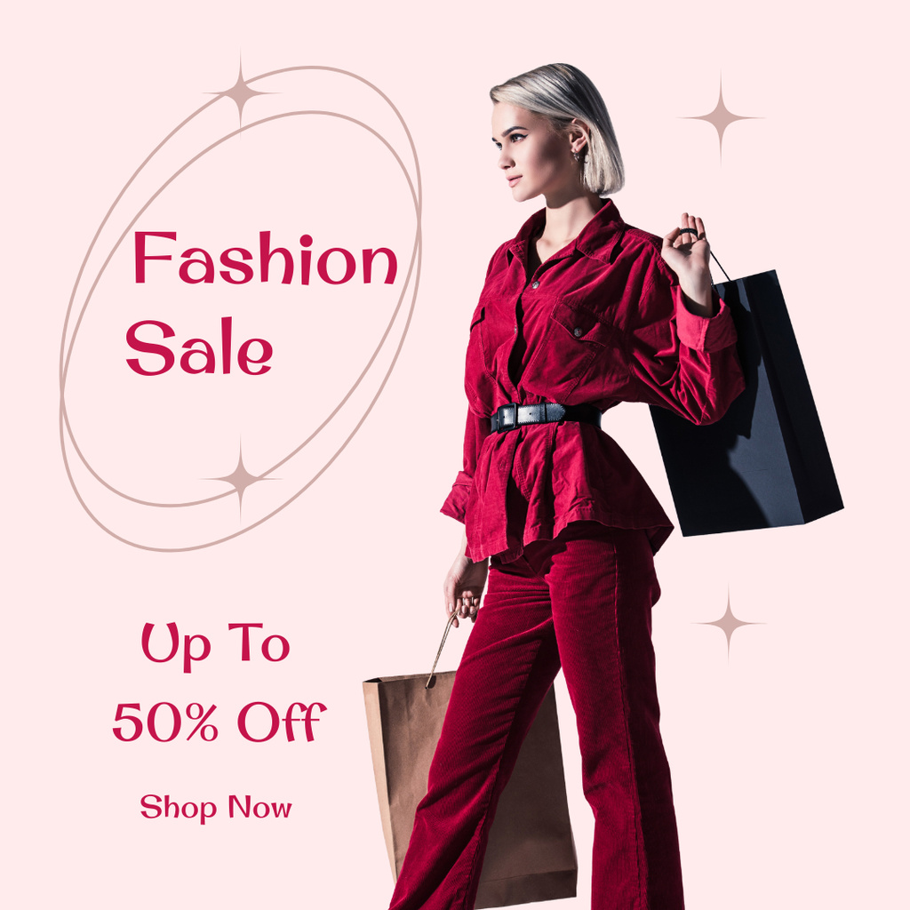 Fashion Sale Announcement with Woman in Red Outfit Instagram Design Template