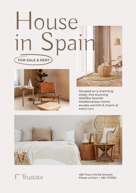 Cozy House in Spain Rent Offer Poster A3 Design Template