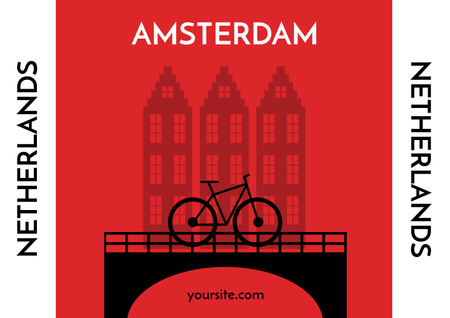 Red Illustration of Amsterdam with Bike on Bridge Poster A2 Horizontal Design Template