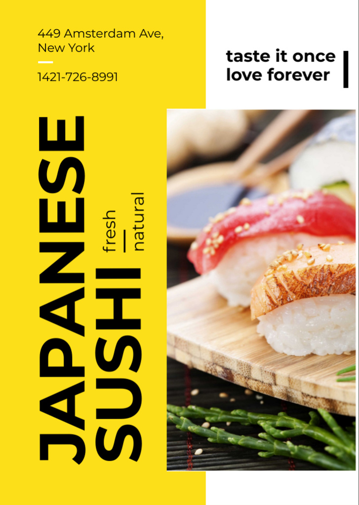 Japanese Restaurant Advertisement with Fresh Sushi Flyer A6 Design Template